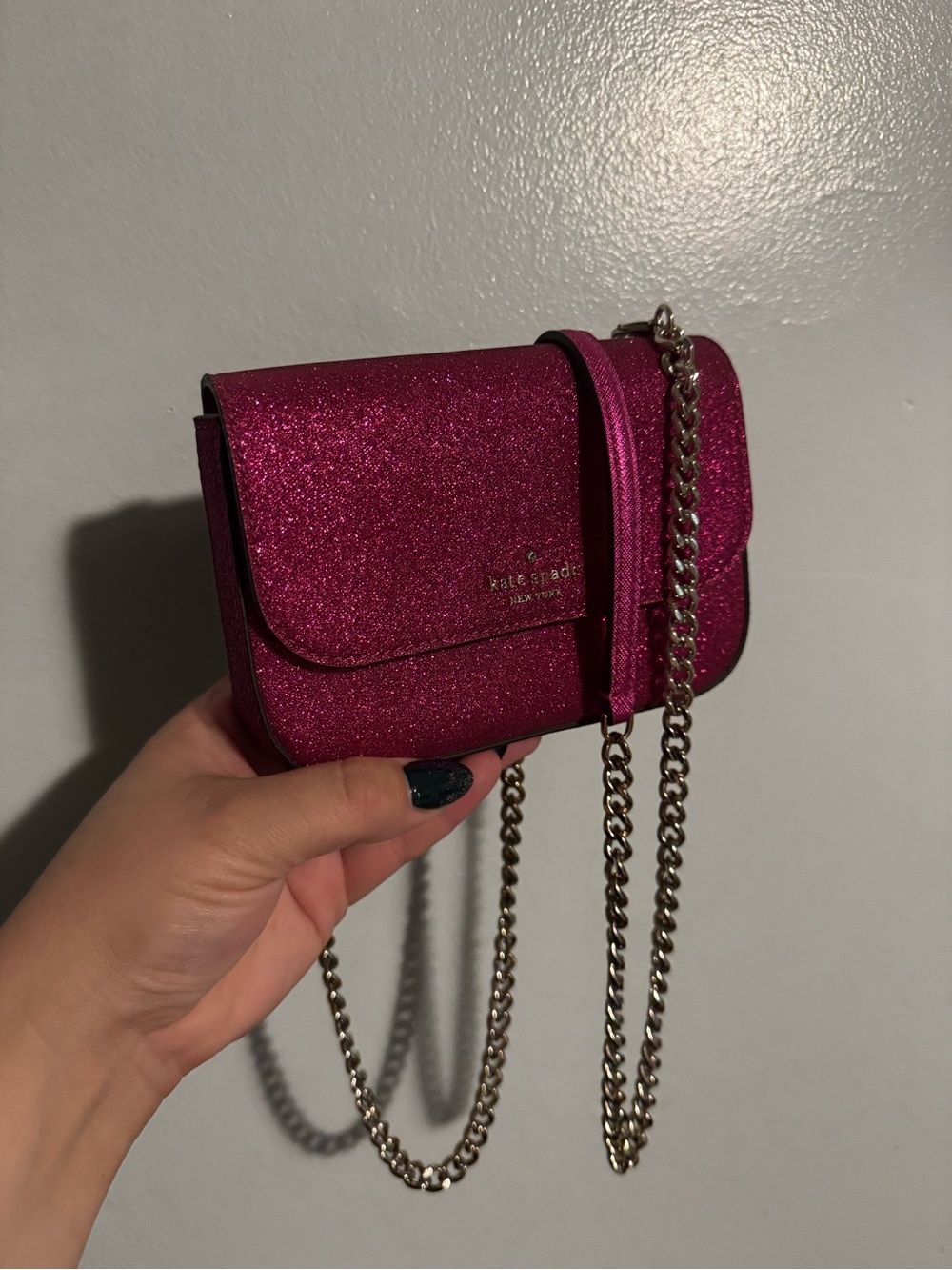 kate spade Glitter Fuchsia Crossbody Bag with Silver Chain
